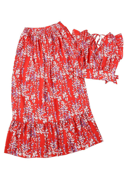 Fiery Red Floral Ruffle Two-Piece Bohemian Set