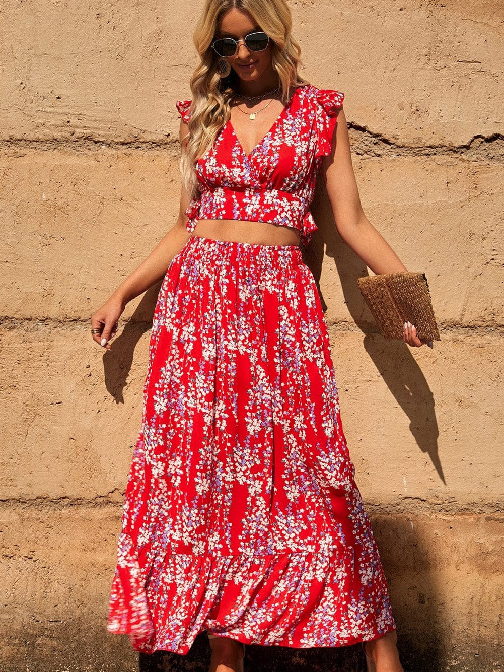 Fiery Red Floral Ruffle Two-Piece Bohemian Set