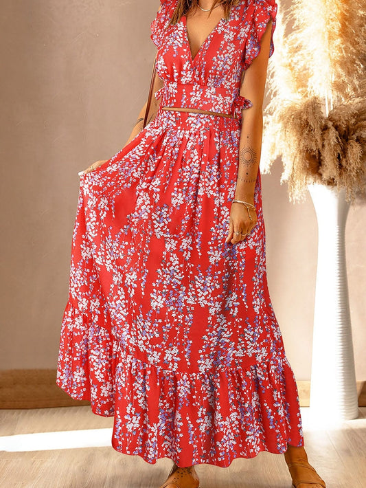 Fiery Red Floral Ruffle Two-Piece Bohemian Set