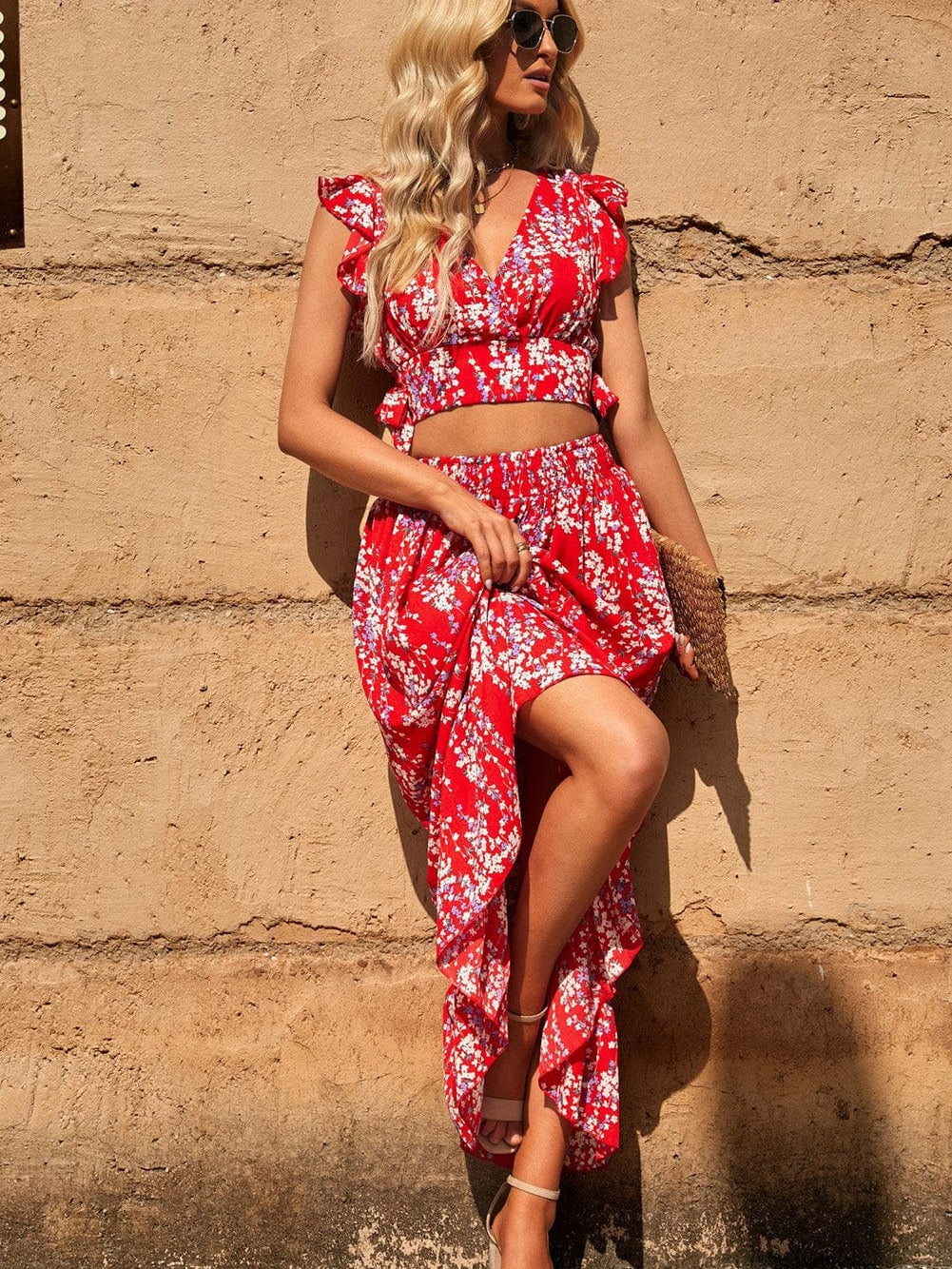 Fiery Red Floral Ruffle Two-Piece Bohemian Set