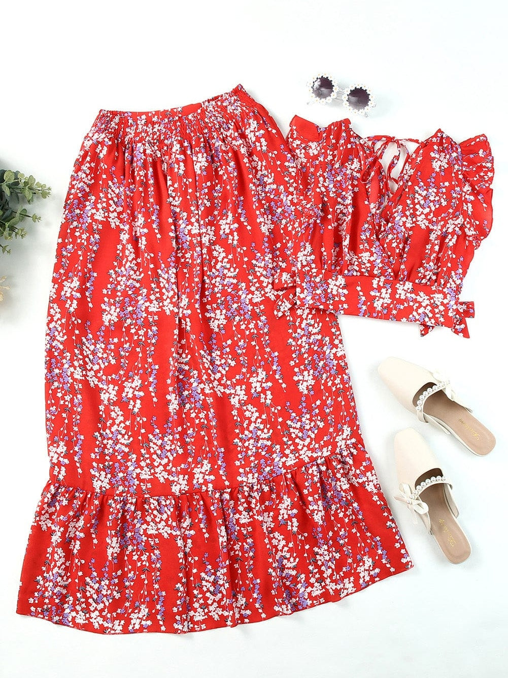 Fiery Red Floral Ruffle Two-Piece Bohemian Set