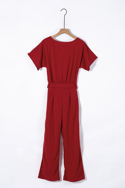 Fiery Red Oh So Glam Belted Wide Leg Jumpsuit