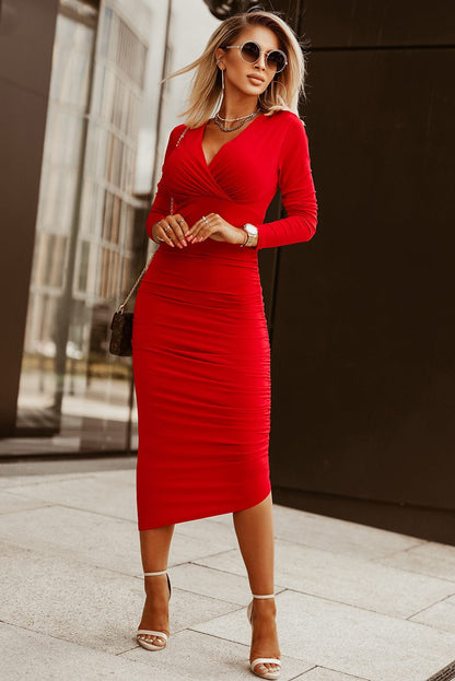 Fiery Red Ruched Sheath V Neck Bodycon Dress with Long Sleeves