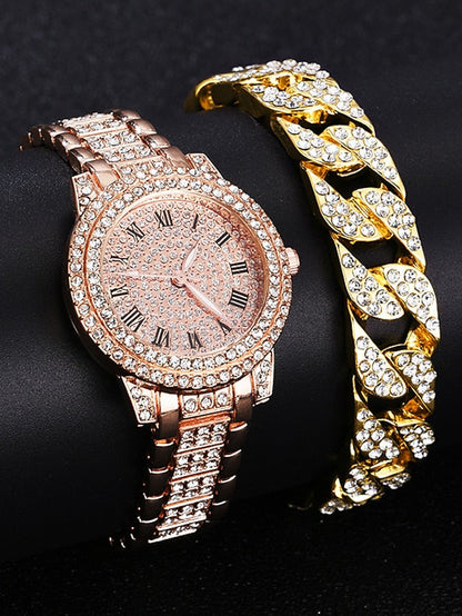 Diamond Women's Gold Watch - Elegant Rhinestone Bracelet Timepiece