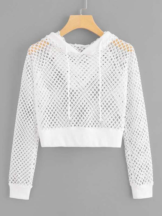 Fishnet Drawstring Hooded Sweatshirt SWE210311247WHIS S / White