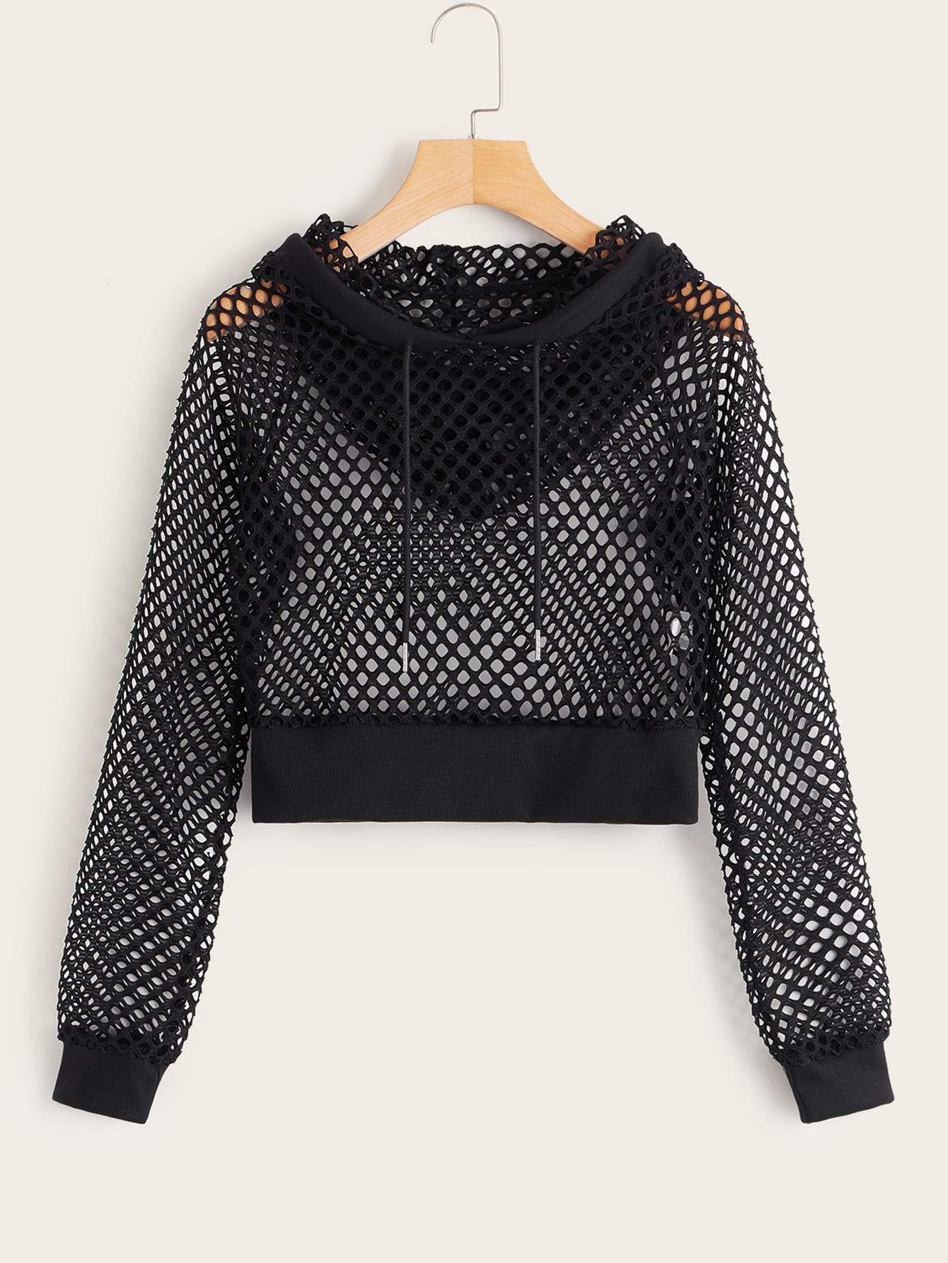 Fishnet Drawstring Hooded Sweatshirt SWE210311247BLAS S / Black