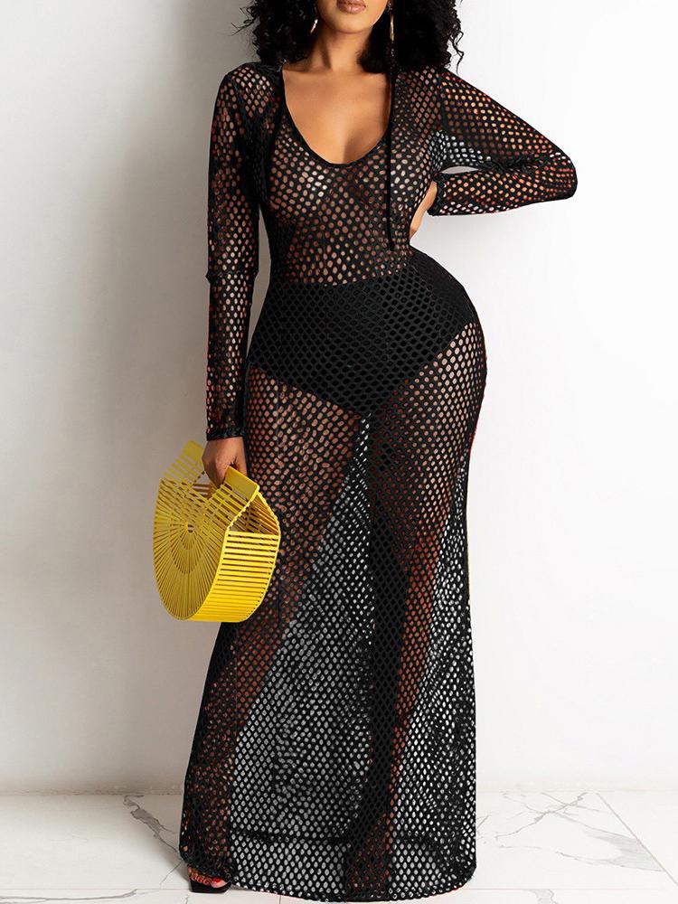 Fishnet Mesh Hollow Out Hooded Cover Up Dress