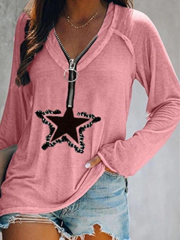 Five-pointed Star Zipper V-neck Long-sleeved T-shirt TSH2107121447PINS Pink / S