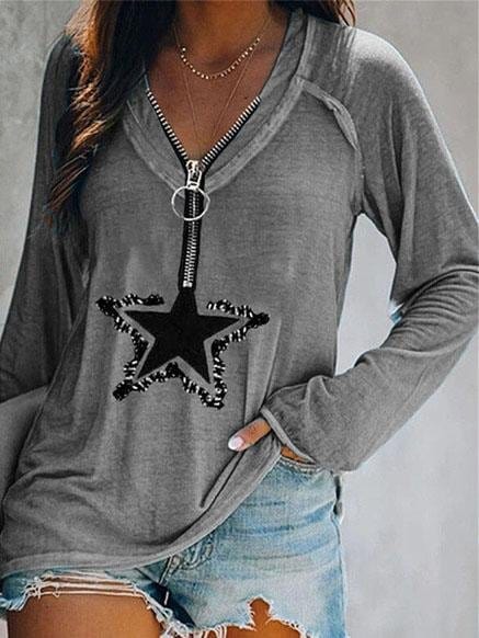Five-pointed Star Zipper V-neck Long-sleeved T-shirt TSH2107121447GRAS Gray / S