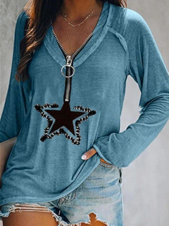 Five-pointed Star Zipper V-neck Long-sleeved T-shirt TSH2107121447BLUS Blue / S