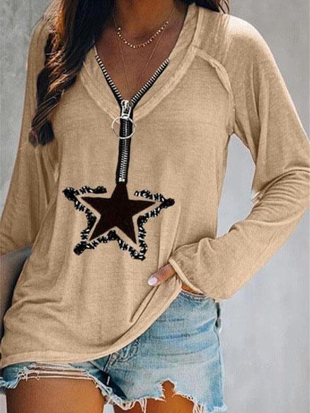 Five-pointed Star Zipper V-neck Long-sleeved T-shirt TSH2107121447APRS Apricot / S