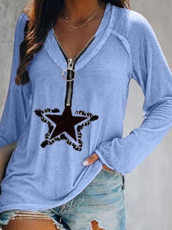 Five-pointed Star Zipper V-neck Long-sleeved T-shirt TSH2107121447LBLUS Light_Blue / S