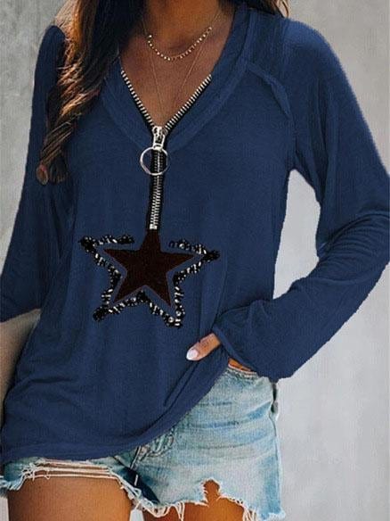 Five-pointed Star Zipper V-neck Long-sleeved T-shirt TSH2107121447RBLUS Royal_Blue / S
