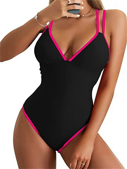 Women's Swimwear One Piece Monokini Normal Swimsuit Backless Water Sports Tummy Control string Color Block Black Blue Fuchsia Padded V Wire Bathing Suits New Vacation Holiday