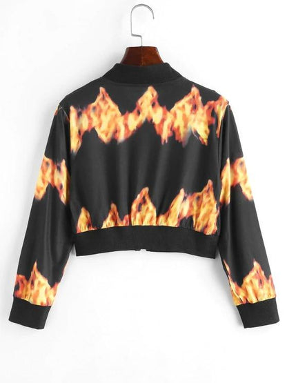 Flame Print Pull Ring Cropped Jacket