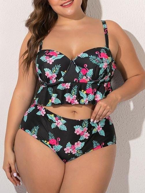 Flamingo Printed Ruffle Hem High Waist Swimsuit for Women