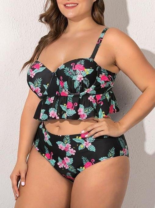 Flamingo Printed Ruffle Hem High Waist Swimsuit for Women