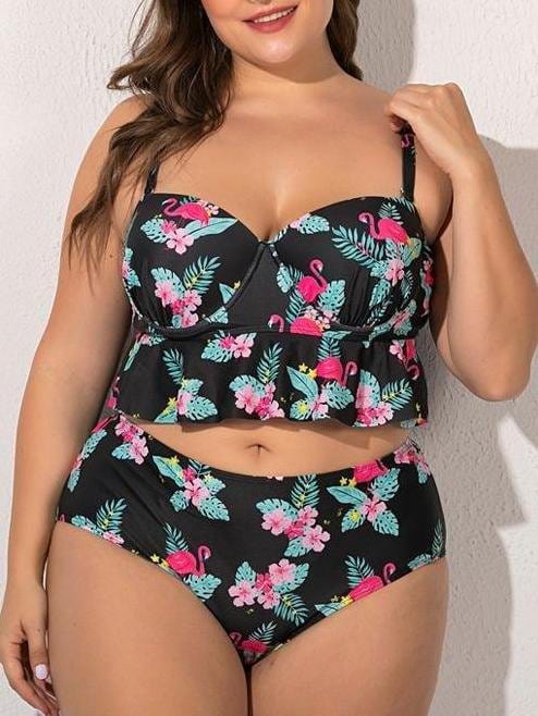 Flamingo Printed Ruffle Hem High Waist Swimsuit for Women