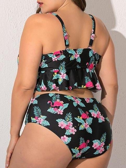 Flamingo Printed Ruffle Hem High Waist Swimsuit for Women