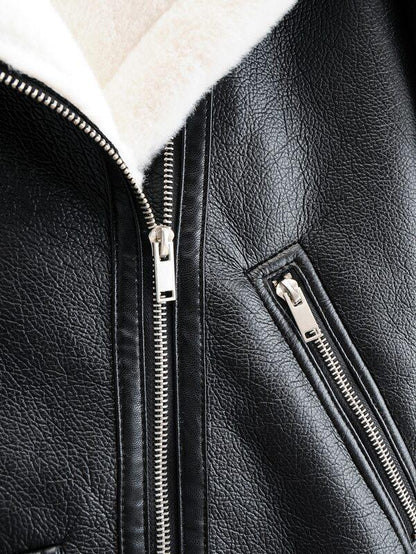 Flannel Lined Zipper PU Moto Jacket temp2021216192 S / Black