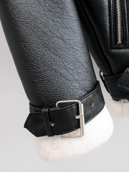 Flannel Lined Zipper PU Moto Jacket temp2021216192 S / Black