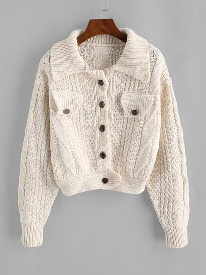 Flap Detail Button Up Cable Knit Cardigan for Women CAR210303191WHI White / One-Size