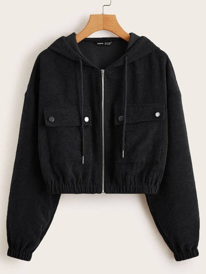 Flap Pocket Front Zip Up Cord Jacket