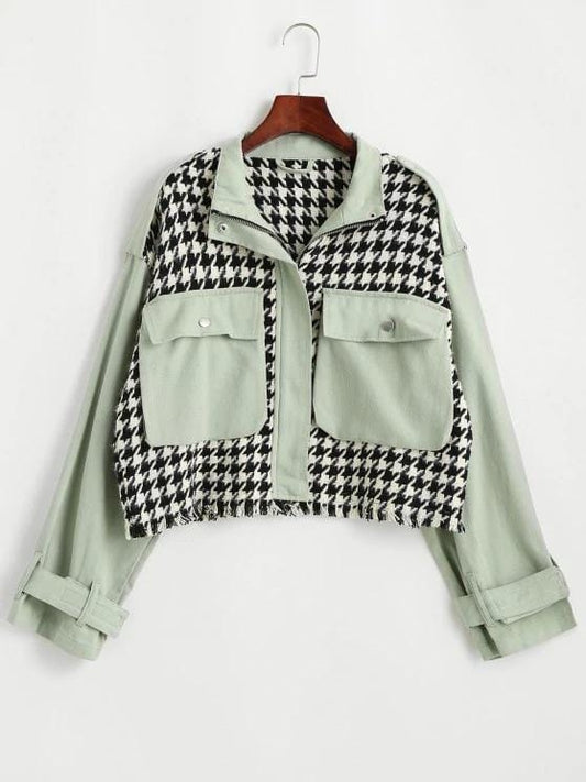 Flap Pocket Houndstooth Twill Panel Tweed Jacket