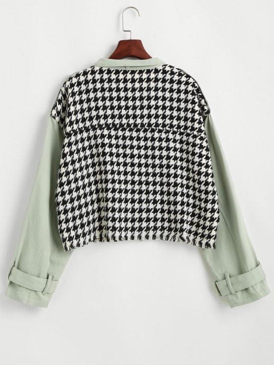 Flap Pocket Houndstooth Twill Panel Tweed Jacket for Women