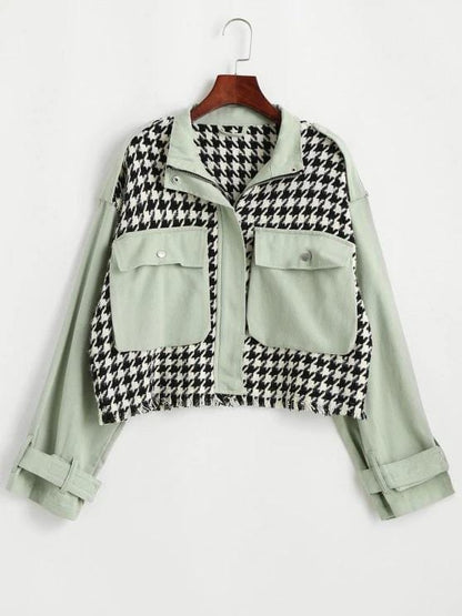 Flap Pocket Houndstooth Twill Panel Tweed Jacket for Women