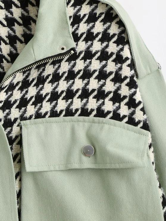 Flap Pocket Houndstooth Twill Panel Tweed Jacket for Women