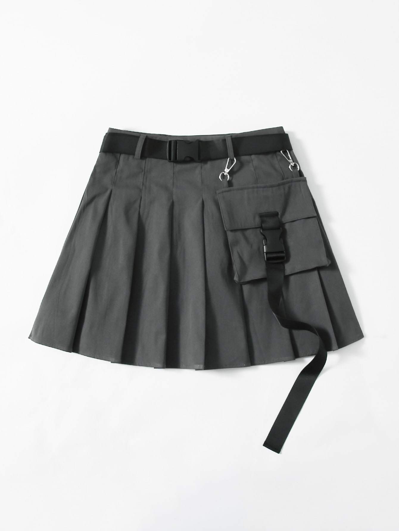 Flap Pocket Push Buckle Belted Pleated Skirt
