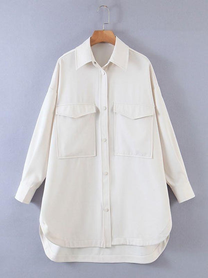 Flap Pockets Drop Shoulder Boyfriend Overshirt Without Belt temp2021233999 S / White