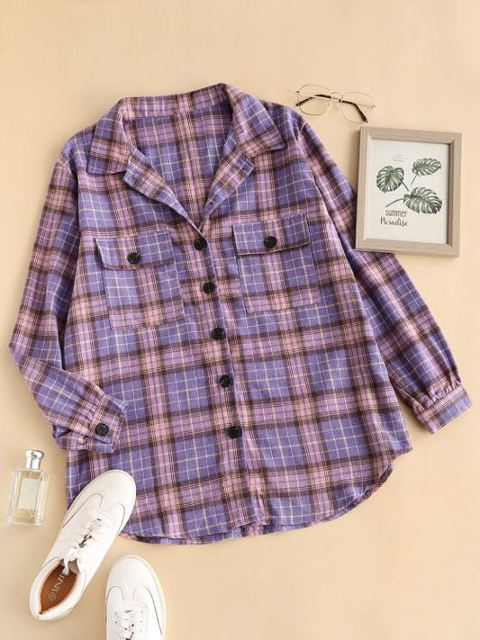 Flap Pockets Plaid Tartan Flannel Shacket COA210305123PURS Purple / S