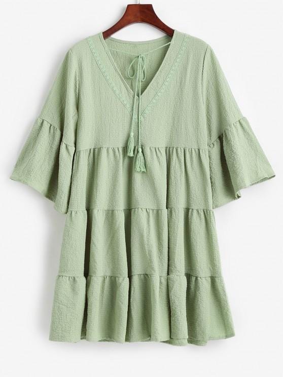 Flare Sleeve Seersucker Tiered Smock Dress for Women