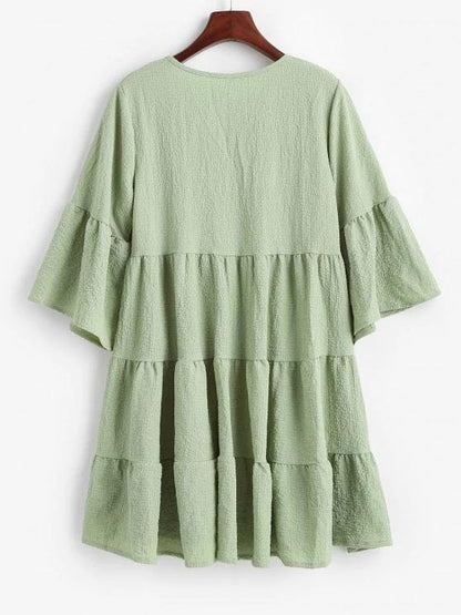 Flare Sleeve Seersucker Tiered Smock Dress for Women