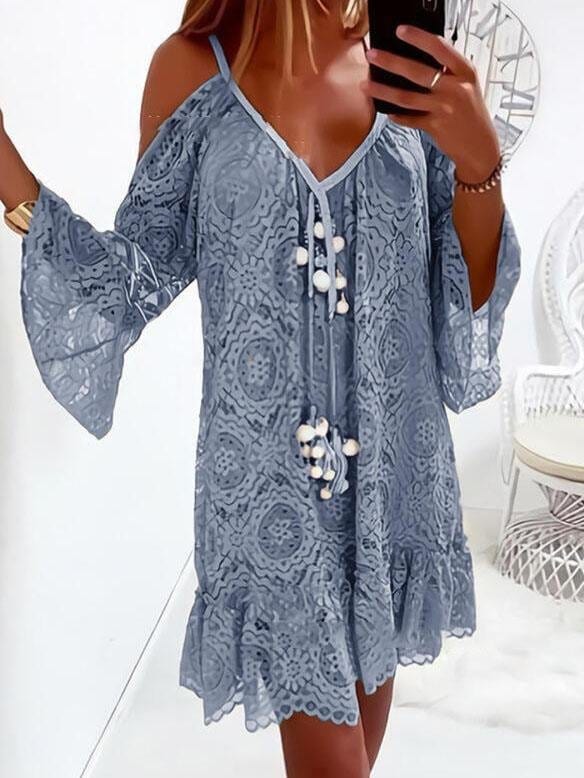 Flared Sleeve V-neck Casual Lace Dress DRE2106050080BLUS Blue / S