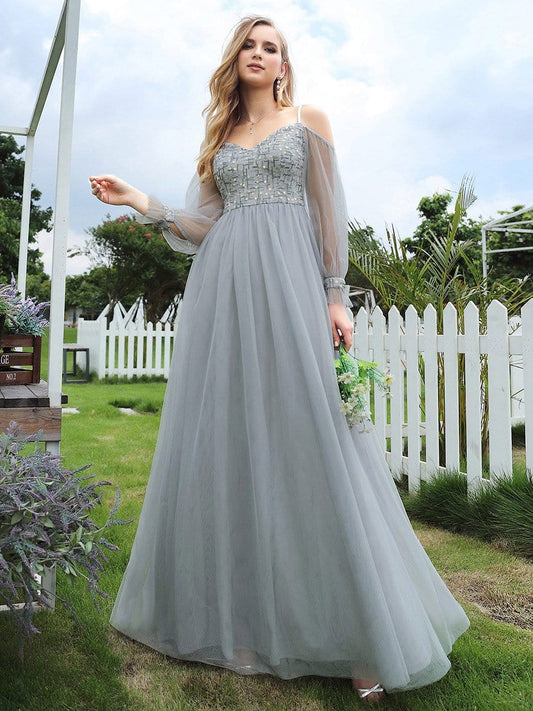 Flattering Wholesale Tulle A-line Evening Dresses with See-through Cold Shoulders EP00577GY04 Grey / 4