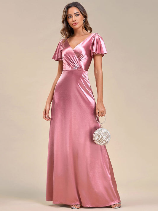 Floor-Length A-Line V-Neck Satin Evening Dress with Ruffled Sleeves