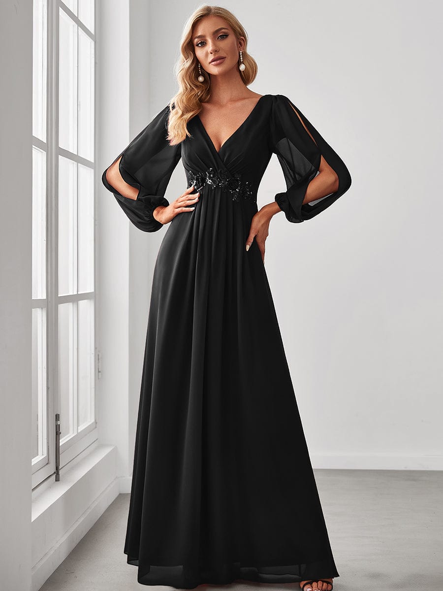 Floor Length Long Lantern Sleeves Wholesale Bridesmaid Dresses EP00461BK04 Black / 4