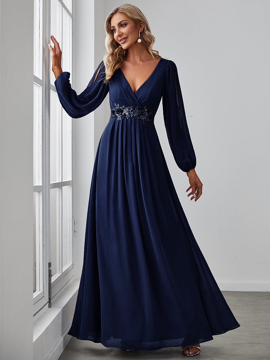 Floor Length Long Lantern Sleeves Wholesale Bridesmaid Dresses EP00461NB04 Navy Blue / 4