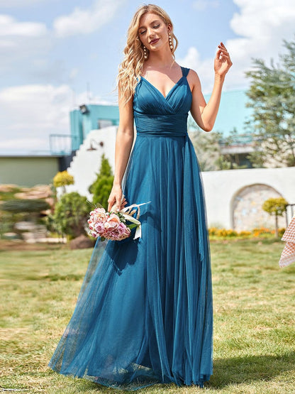 Floor Length Sleeveless Wholesale Maxi Bridesmaid Tulle Dresses EP07303TE04 Teal / 4