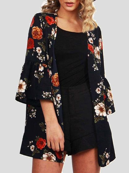 Floral 3/4 Sleeve Chiffon Loose Cardigan CAR2107031112BLAS Black / S