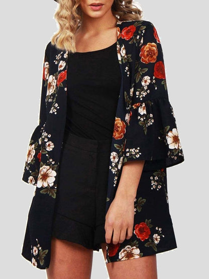 Floral 3/4 Sleeve Chiffon Loose Cardigan