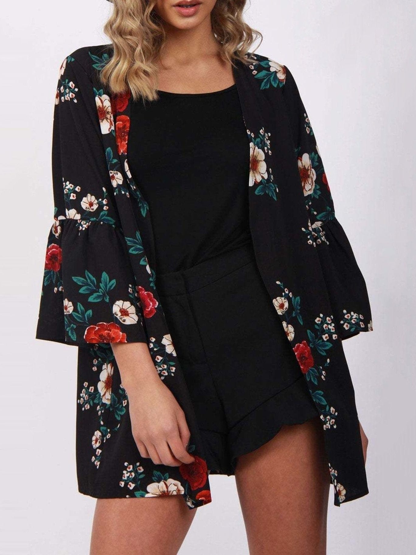 Floral 3/4 Sleeve Chiffon Loose Cardigan CAR2107031112NBLUS Navy Blue / S