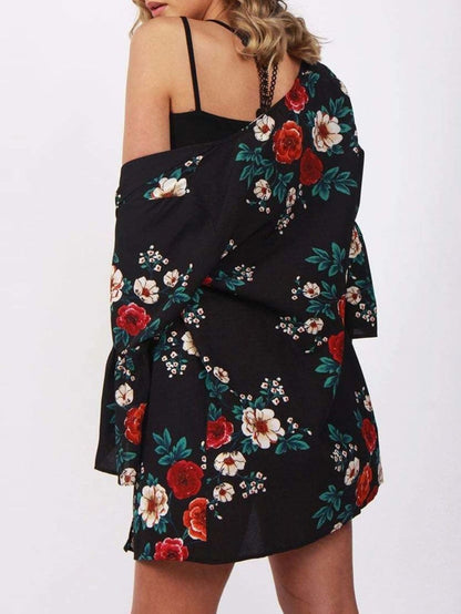 Floral 3/4 Sleeve Chiffon Loose Cardigan