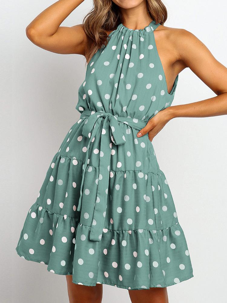 Floral And Polka Dot Girly Dress With Belt DRE210409738GRES Green / S