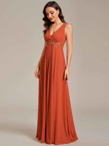 Floral Applique Sleeveless Chiffon Long Formal Evening Dress