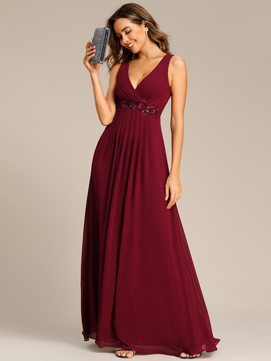 Floral Applique Sleeveless Chiffon Long Formal Evening Dress