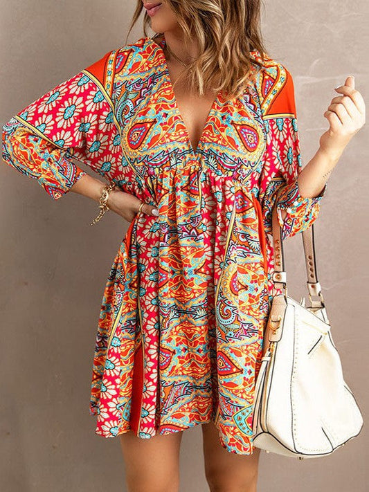 Floral Backless Chiffon Dress with V-Neck and Long Sleeve for Women